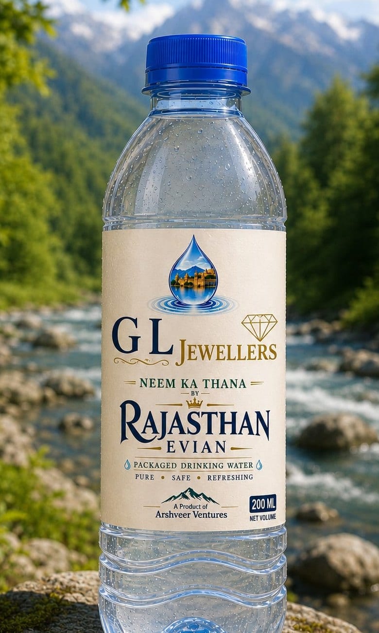 A Rajasthan Evian bottle labelled for G L Jewellers, Jewellery showroom