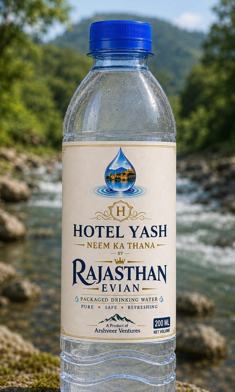 A Rajasthan Evian bottle labelled for Hotel Yash, Hotel & hospitality